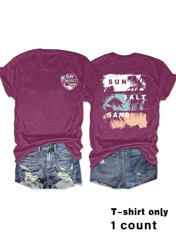 Women'WB shield Letter & Palm Tree Print Round Neck Tee, Casual Short Sleeve Crew Neck T-shirt for Summer, Fashion...