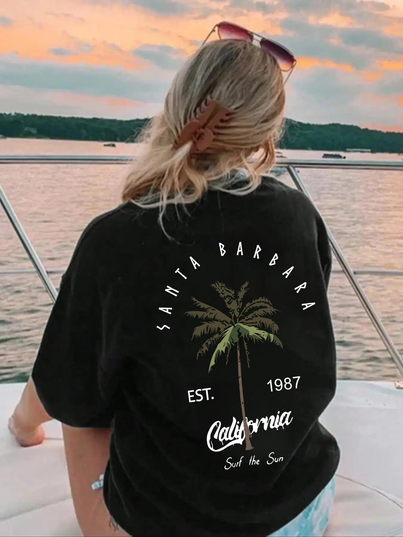 Women'WB shield Letter & Palm Tree Print Round Neck Tee, Trendy Casual Drop Shoulder Half Sleeve T-shirt For Daily Wear,...