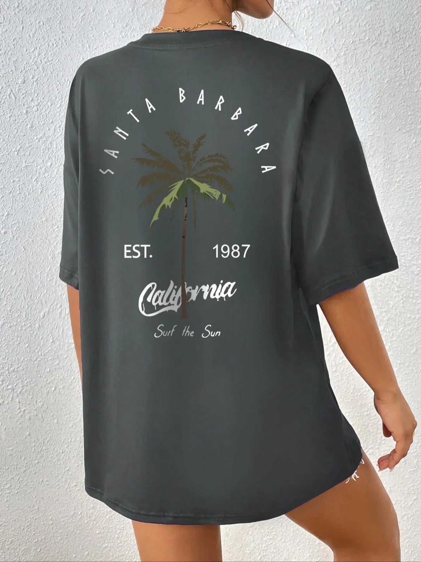 Women'WB shield Letter & Palm Tree Print Round Neck Tee, Trendy Casual Drop Shoulder Half Sleeve T-shirt for Daily Wear,...