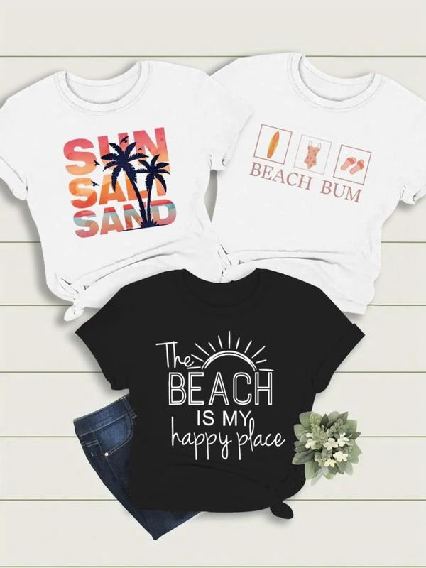 Women'WB shield Letter & Palm Tree Print Short Sleeve Tee, Casual Round Neck T-shirt for Beach Vacation Holiday, Ladies...