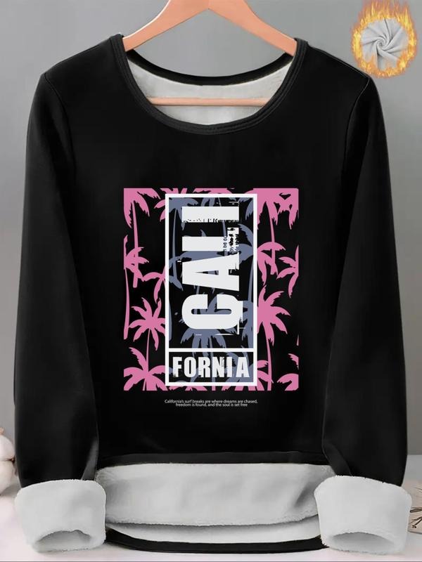 Women'WB shield Letter & Palm Tree Print TNF Lined Tee, Casual Long Sleeve Round Neck T-shirt for Fall & Winter, Ladies...