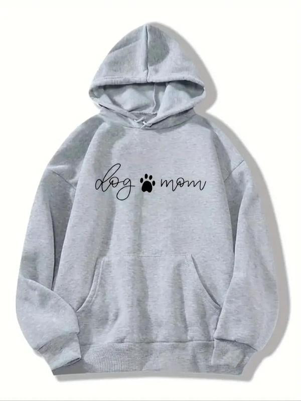 Women'WB shield Letter & Paw Print Drop Shoulder Hoodie, Fashion Casual Drawstring Pocket Hooded Sweatshirt for Daily...