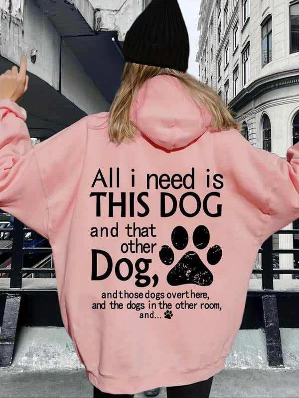 Women'WB shield Letter & Paw Print Drop Shoulder Hoodie, Fashion Casual Drawstring Pocket Hooded Sweatshirt for Daily...