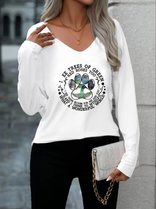 Women'WB shield Letter & Paw Print Drop Shoulder Tee, Casual Long Sleeve Superhero team Neck T-shirt for Fall & Winter,...