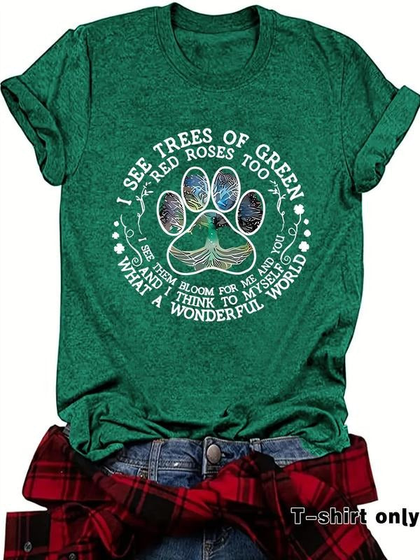 Women'WB shield Letter & Paw Print Round Neck Tee, Casual Short Sleeve Crew Neck T-shirt for Summer, Fashion Women'WB...