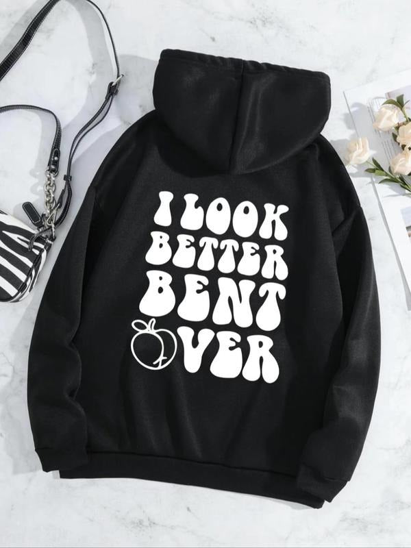 Women'WB shield Letter & Peach Print Drop Shoulder Hoodie, Fashion Casual Drawstring Pocket Hooded Sweatshirt for Daily...