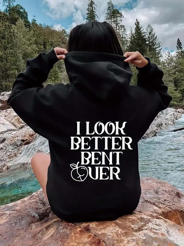 Women'WB shield Letter & Peach Print Drop Shoulder Hoodie, Fashion Casual Drawstring Pocket Hooded Sweatshirt for Daily...
