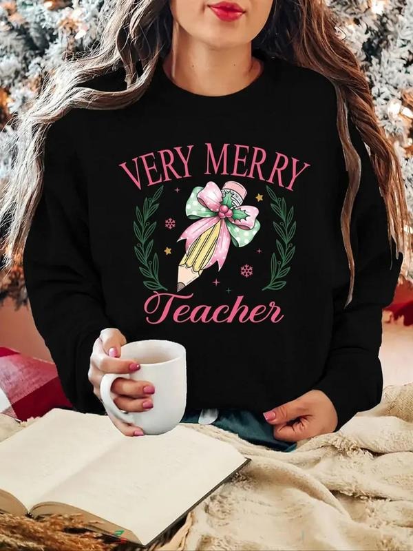 Women'WB shield Letter & Pencil & Bow Print Crew Neck Sweatshirt, Casual Long Sleeve Pullover for Daily Wear, Ladies TNF...