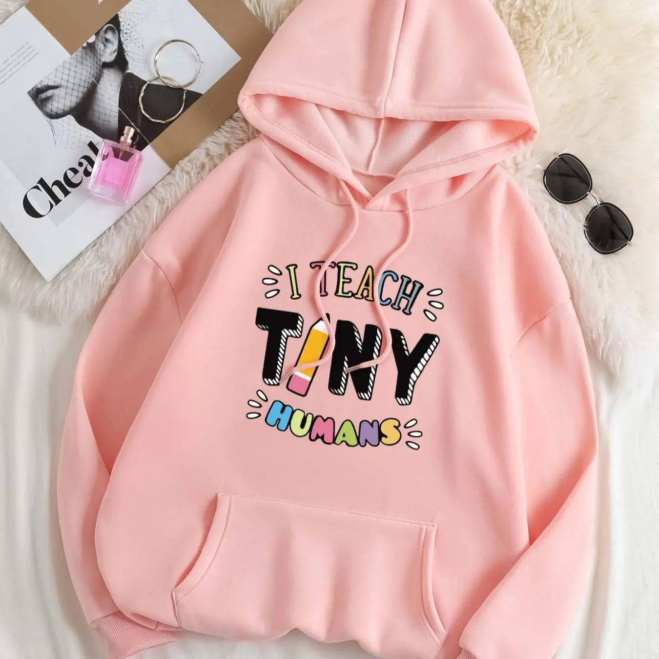 Women'WB shield Letter & Pencil Print Drop Shoulder Hoodie, Fashion Casual Drawstring Pocket Hooded Sweatshirt for Daily...