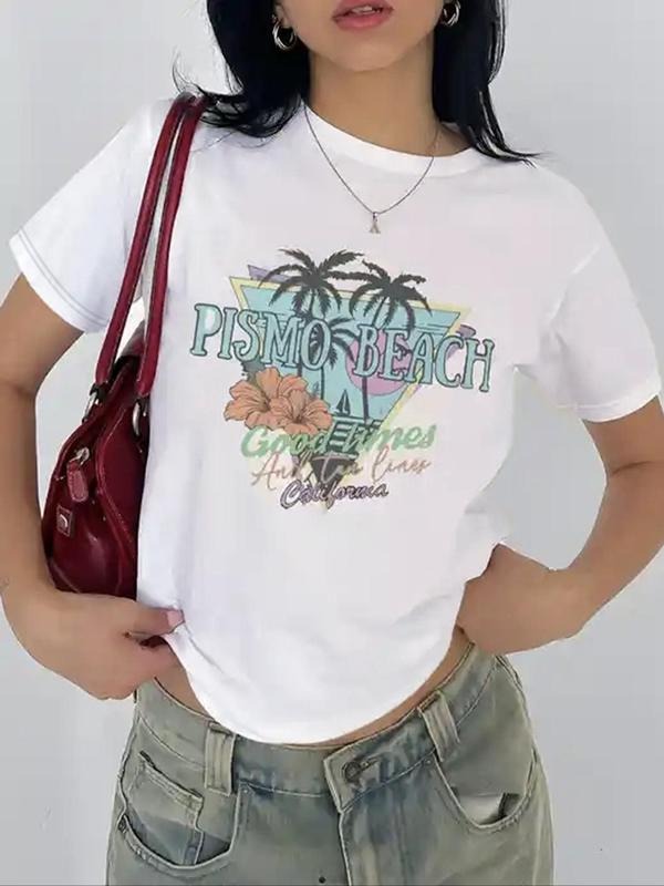 Women'WB shield Letter & Plants Print Round Neck Tee, Casual Short Sleeve Graphic T-shirt, Ladies Summer Outfit Hoodie,...