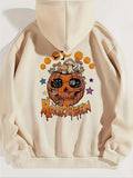 Women'WB shield Letter & Pumpkin Print Hoodie, Fashion Casual Halloween TNF Drawstring Pocket Hooded Sweatshirt for Daily Holiday Outdoor Wear, Women Clothing for Fall & Winter