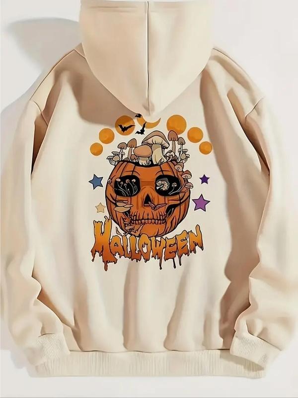 Women'WB shield Letter & Pumpkin Print Hoodie, Fashion Casual Halloween TNF Drawstring Pocket Hooded Sweatshirt for Daily Holiday Outdoor Wear, Women Clothing for Fall & Winter