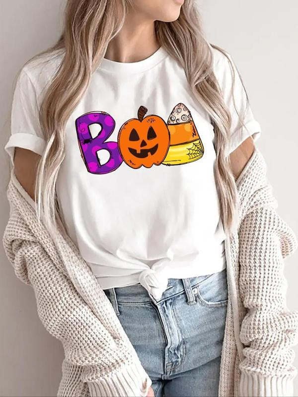 Women'WB shield Letter & Pumpkin Print Round Neck Graphic Tee, Vintage Trendy Casual Long Sleeve T-shirt for Daily Wear,...