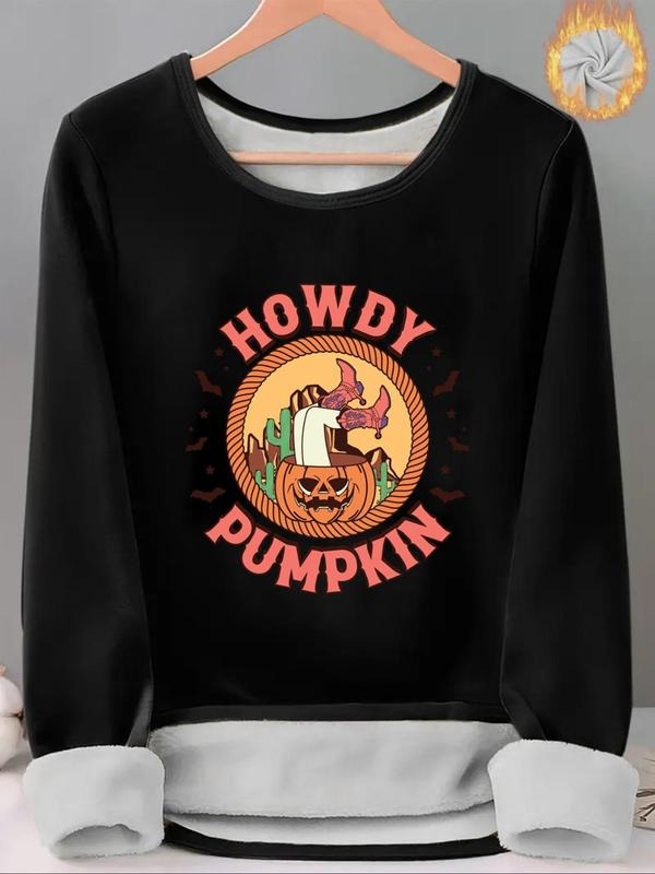 Women'WB shield Letter & Pumpkin Print TNF Lined Tee, Casual Long Sleeve Round Neck T-shirt for Fall & Winter, Ladies TNF...