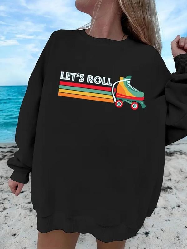 Women'WB shield Letter & Rainbow Print Round Neck Sweatshirt, Casual Long Sleeve Crew Neck Pullover for Daily Wear,...
