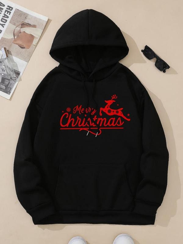Women'WB shield Letter & Reindeer Print Drop Shoulder Hoodie, Fashion Casual Drawstring Pocket Hooded Sweatshirt for...