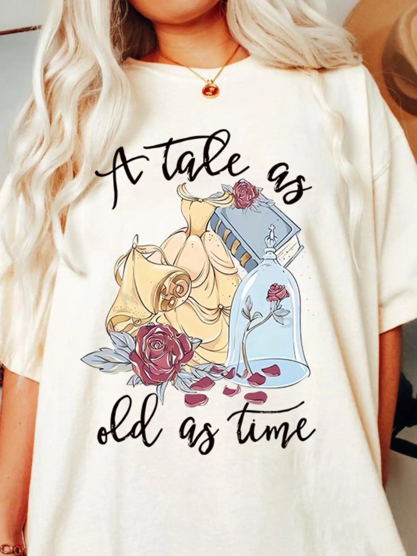 Women'WB shield Letter & Rose Print Round Neck Graphic Tee, Vintage Trendy Casual Drop Shoulder Half Sleeve T-shirt for Daily Wear, Ladies Spiky hair fighters Seasons Outfit