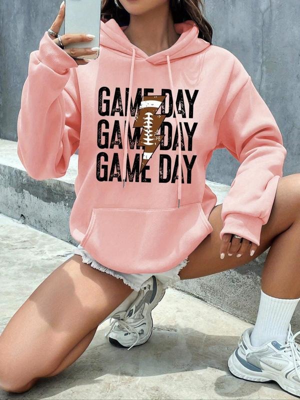 Women'WB shield Letter & Rugby Print Drop Shoulder Hoodie, Fashion Casual Drawstring Pocket Hooded Sweatshirt for Daily...