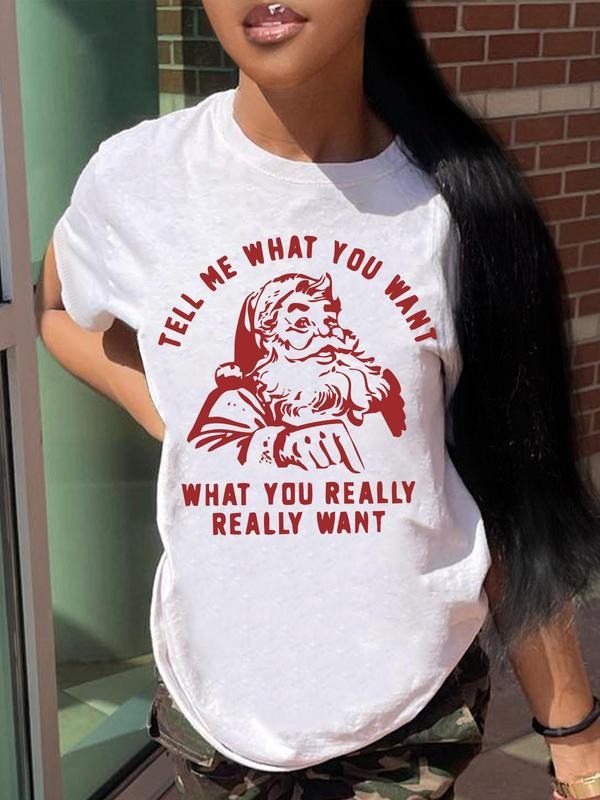 Women'WB shield Letter & Santa Claus Print Round Neck Tee, Vintage Trendy Casual Short Sleeve T-shirt for Daily Wear,...