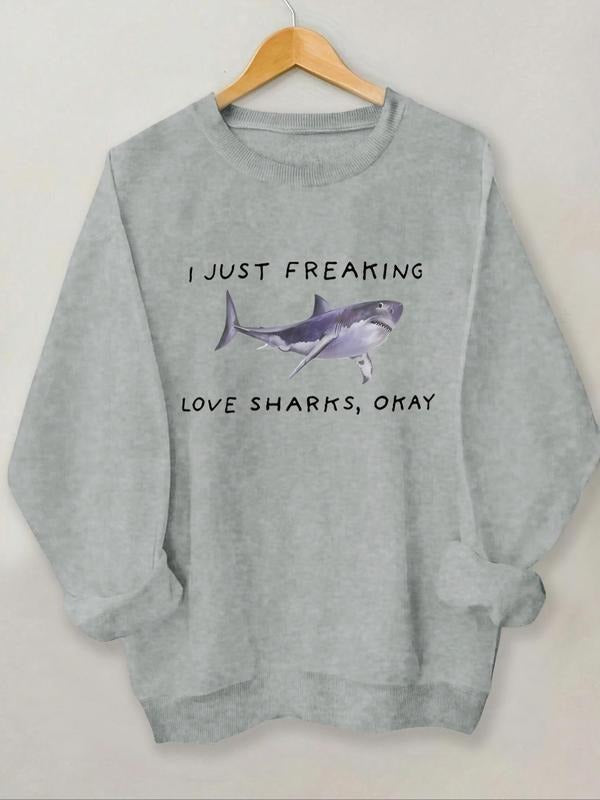 Women'WB shield Letter & Shark Print Crew Neck Sweatshirt, Casual Long Sleeve Pullover for Daily Wear, Ladies TNF for...