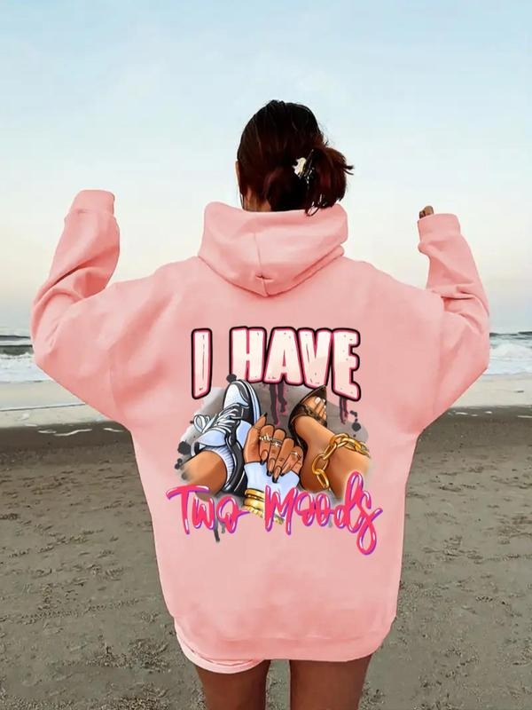 Women'WB shield Letter & Shoes Print Drop Shoulder Hoodie, Fashion Casual Drawstring Pocket Hooded Sweatshirt for Daily Holiday Outdoor Wear, Women Clothing for Fall & Winter