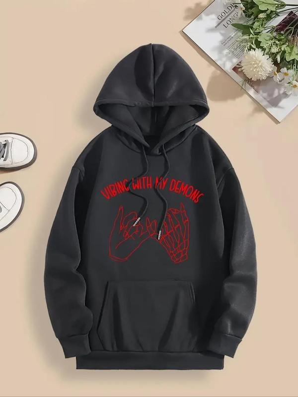 Women'WB shield Letter & Skeleton Hand Print Drawstring Drop Shoulder Hoodie, Fashion Casual Pocket Hooded Sweatshirt for...