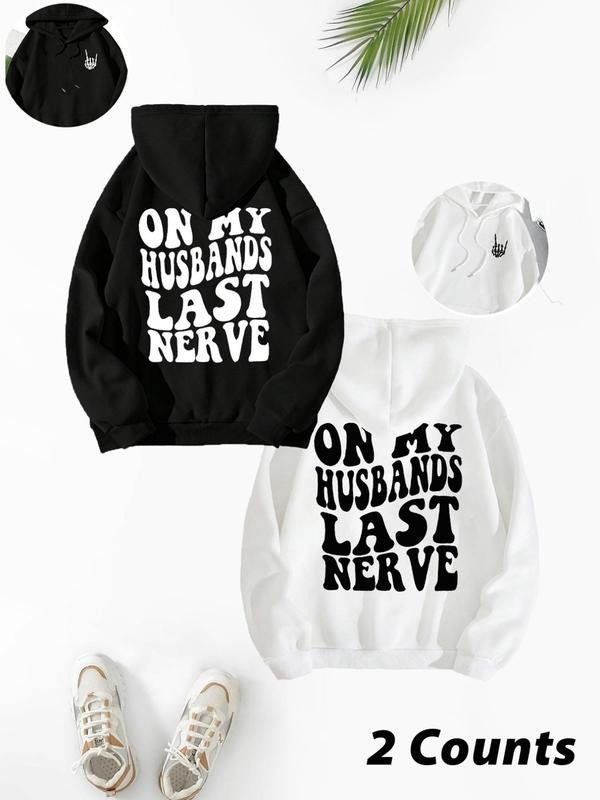 Women'WB shield Letter & Skeleton Hand Print Drop Shoulder Hoodie, Fashion Casual Drawstring Pocket Hooded Sweatshirt for...