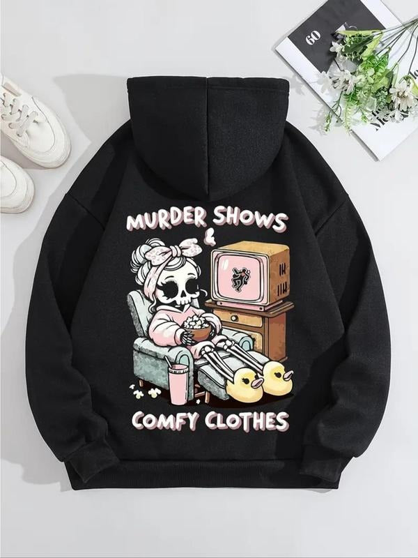 Women'WB shield Letter & Skeleton Print Drawstring Hoodie, Fashion Casual Hooded Sweatshirt for Daily Holiday Outdoor...