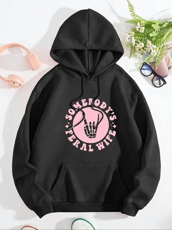 Women'WB shield Letter & Skull Print Drawstring Hoodie, Fashion Casual Hooded Sweatshirt for Daily Holiday Outdoor Wear,...