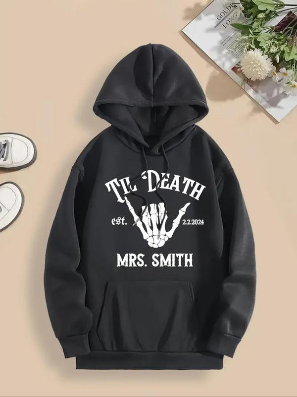 Women'WB shield Letter & Skull Print Drop Shoulder Hoodie, Fashion Casual Drawstring Pocket Hooded Sweatshirt for Daily Holiday Outdoor Wear, Ladies TNF for Fall & Winter style 02