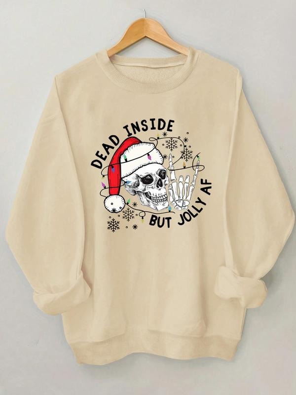 Women'WB shield Letter & Skull Print Drop Shoulder Sweatshirt, Casual Long Sleeve Round Neck Pullover for Fall & Winter,...
