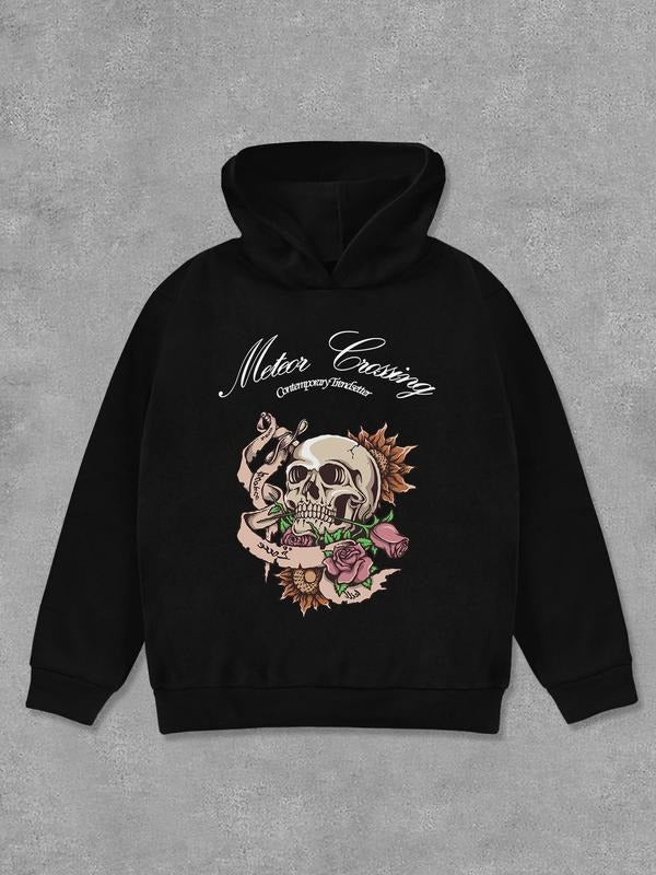 Women'WB shield Letter & Skull Print Hoodie, Casual Comfortable Regular Fit Long Sleeve Hooded Sweatshirt for Daily Wear,...