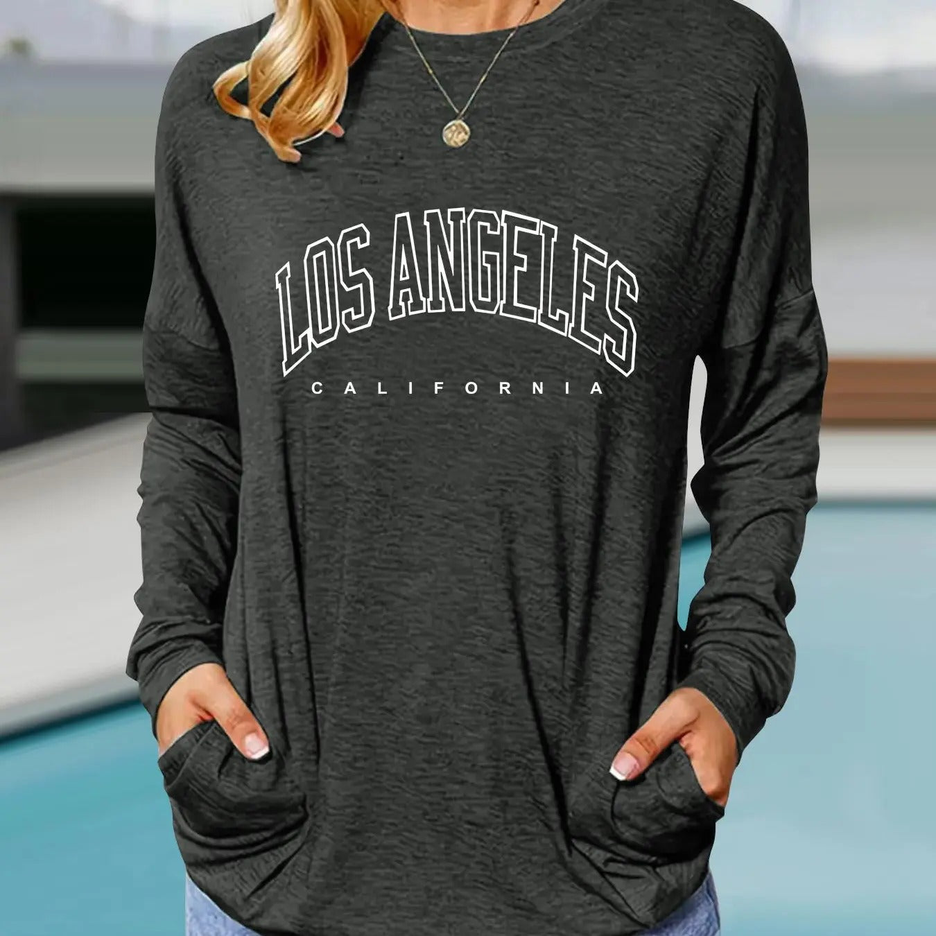 Women'WB shield Letter & Slogan Print Round Neck Tee, Casual Long Sleeve Crew Neck T-shirt for Fall & Winter, Fashion...