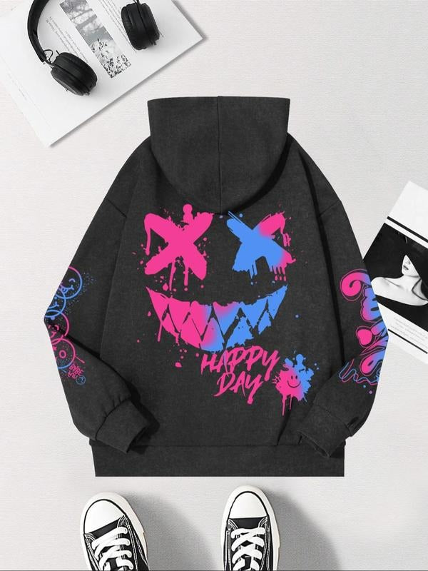 Women'WB shield Letter & Smile TNF Print Drop Shoulder Hoodie, Fashion Casual Pocket Zipper Hooded Sweatshirt for Daily...