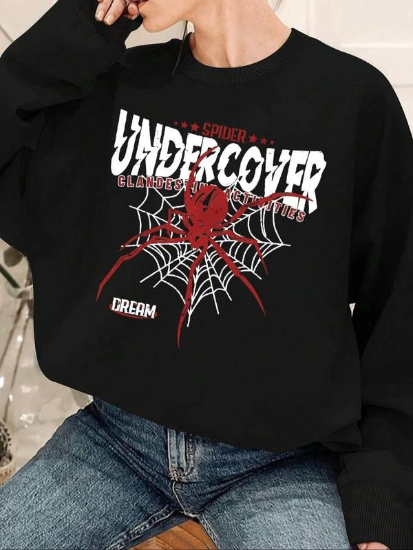 Women'WB shield Letter & Spider Print Crew Neck Sweatshirt, Casual Drop Shoulder Long Sleeve Pullover, Women'WB shield...