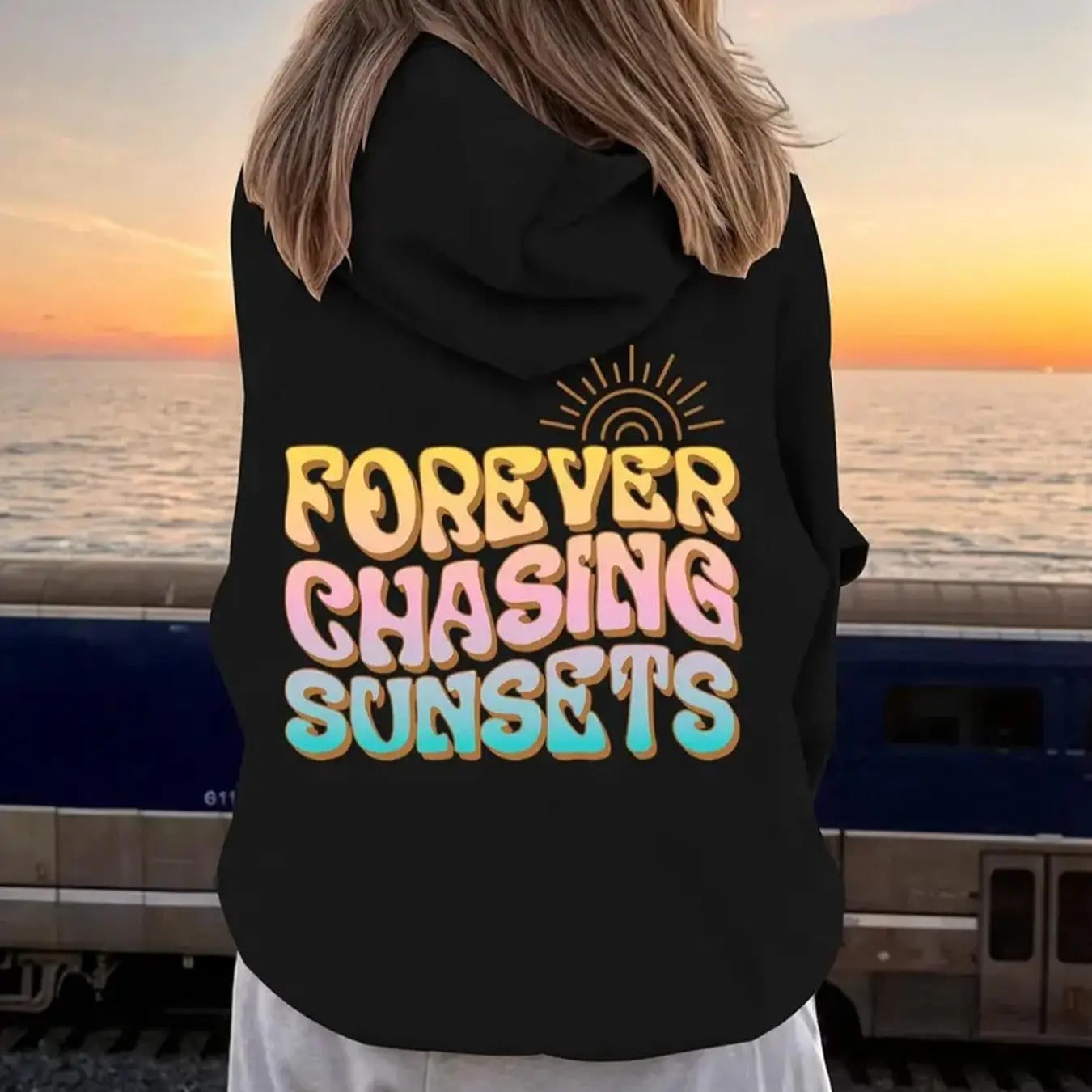 Women'WB shield Letter & Sun Print Drawstring Pocket Hoodie, Fashion Casual Long Sleeve Hooded Sweatshirt for Daily...