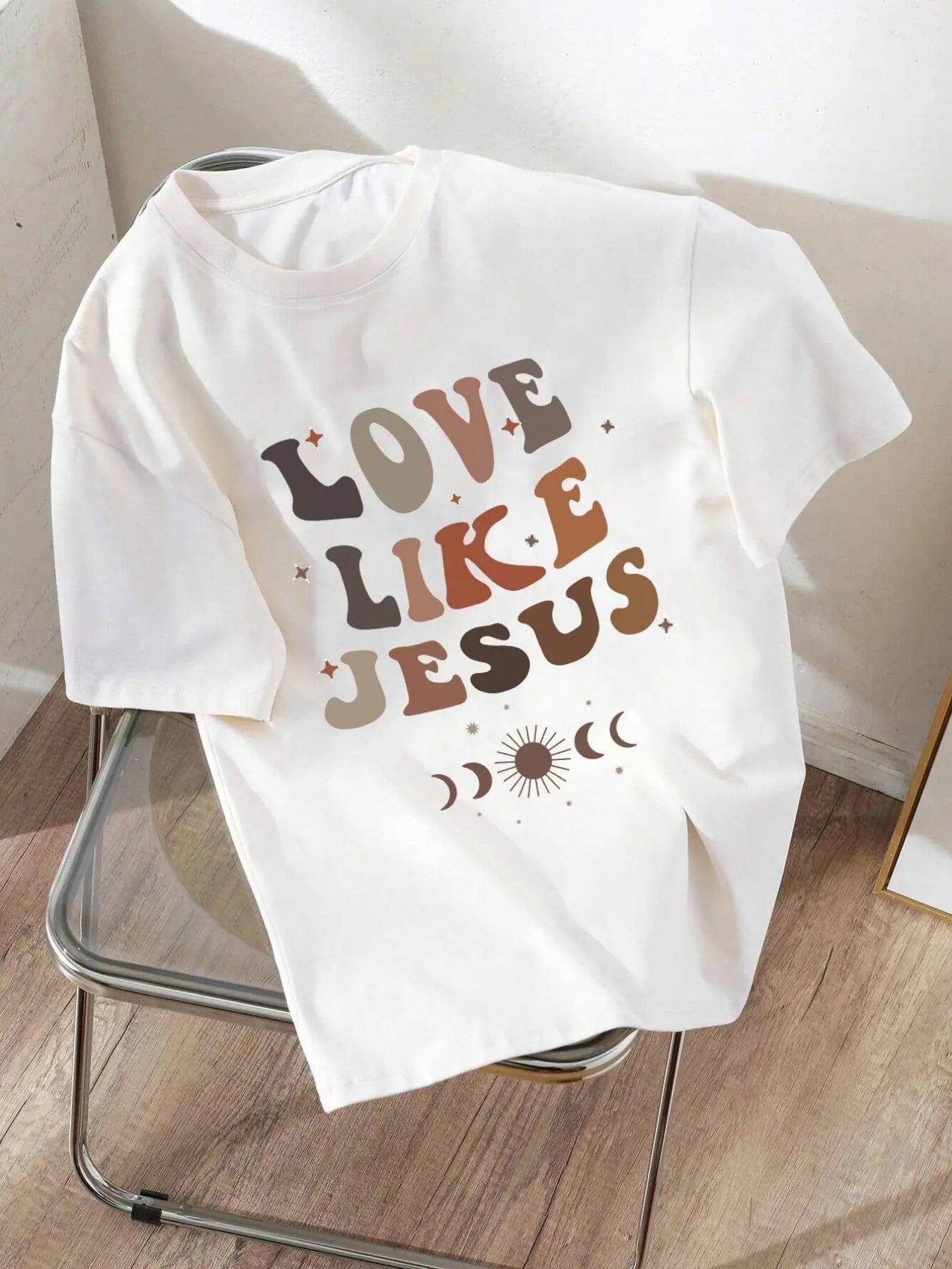 Women'WB shield Letter & Sun Print Round Neck Graphic Tee, Trendy Casual Drop Shoulder Short Sleeve T-shirt for Daily...