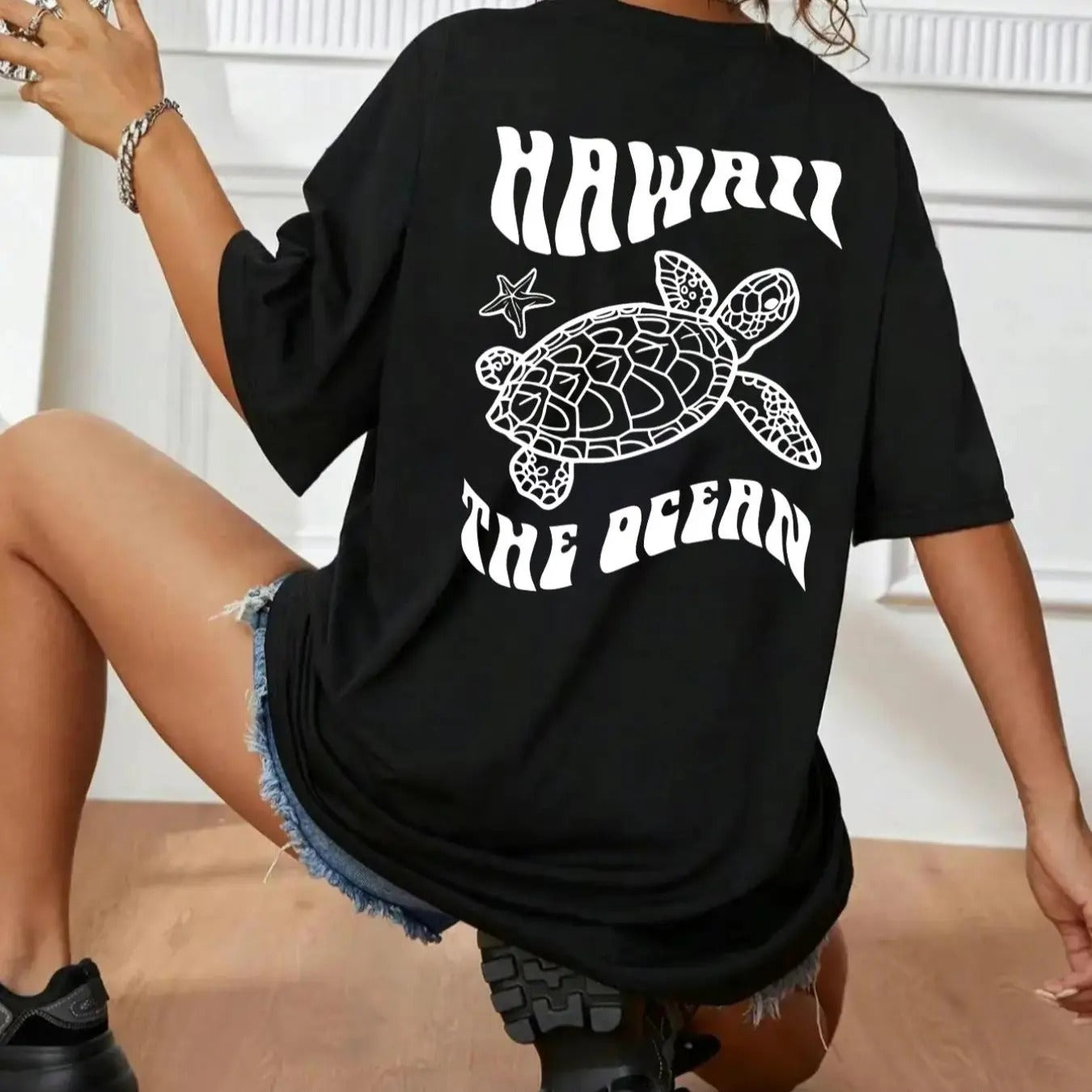 Women'WB shield Letter & Turtle Print Drop Shoulder Tee, Casual Half Sleeve Round Neck T-shirt for Summer, Fashion...