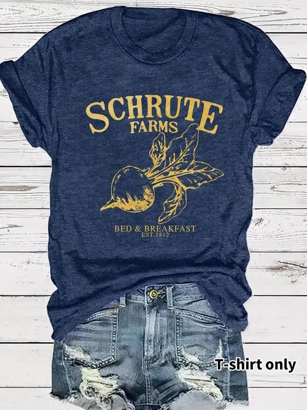 Women'WB shield Letter & Vegetable Print Round Neck Tee, Vintage Trendy Casual Short Sleeve T-shirt for Daily Wear,...