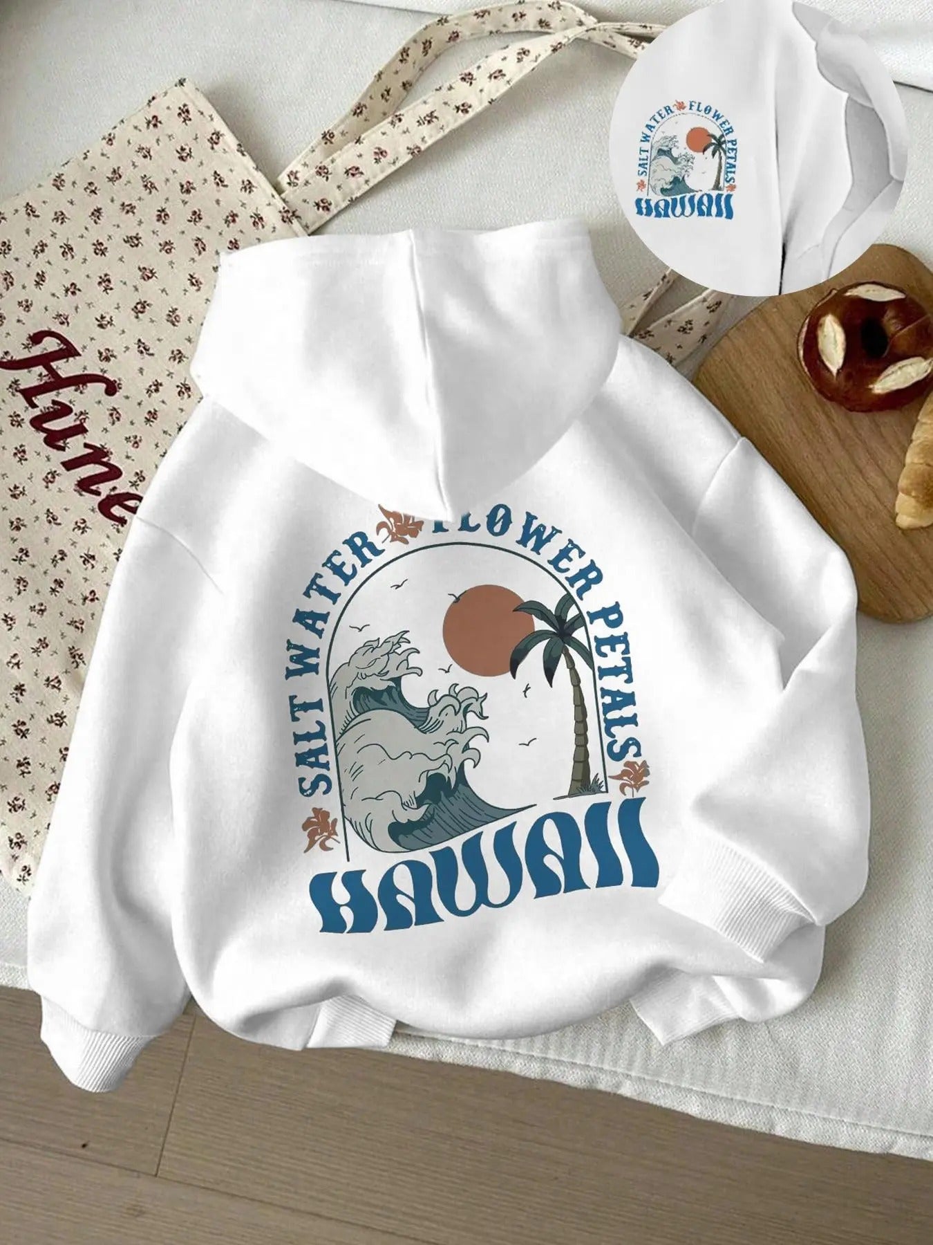 Women'WB shield Letter & Wave Print Hoodie, Trendy Casual Hooded Sweatshirt for Daily Holiday Outdoor Wear, Ladies TNF...