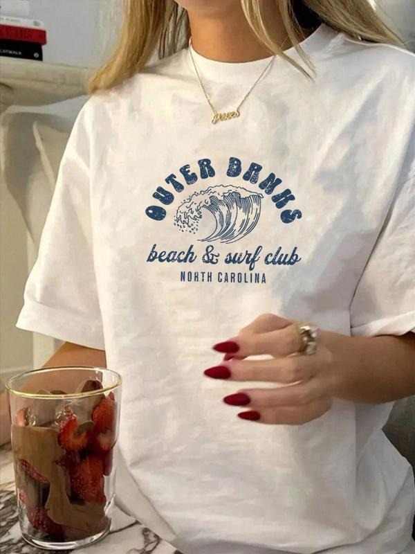 Women'WB shield Letter & Wave Print Round Neck Tee, Casual Short Sleeve Crew Neck T-shirt for Summer, Fashion Women'WB...