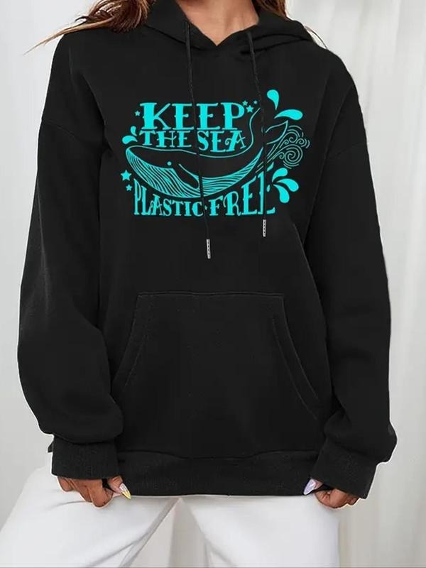 Women'WB shield Letter & Whale Print Drop Shoulder Hoodie, Casual Fashion Drawstring Pocket Hooded Sweatshirt for Fall &...