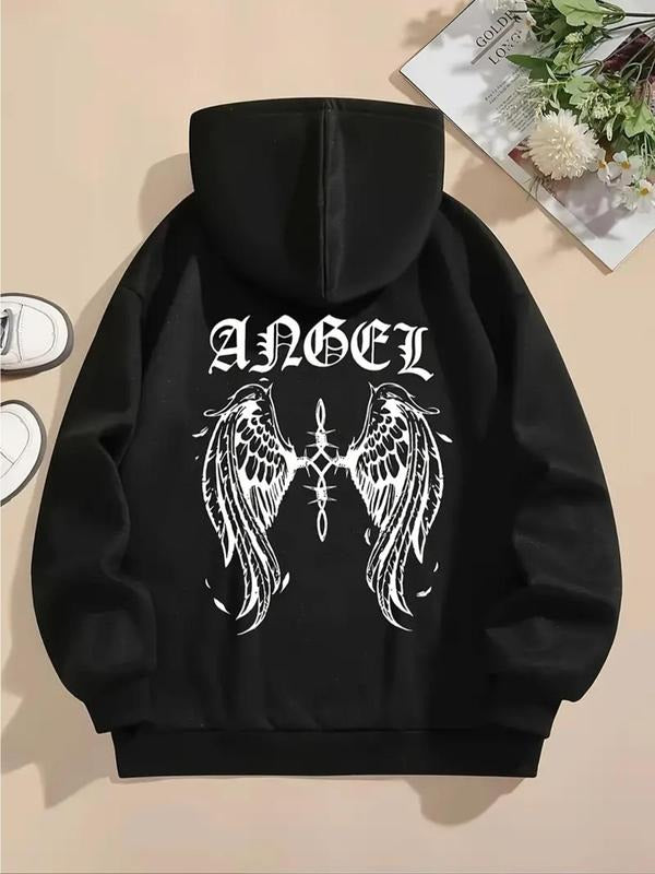 Women'WB shield Letter & Wing Print Drawstring Hoodie, Casual Long Sleeve TNF Lined Hooded Sweatshirt for Spring & Fall,...
