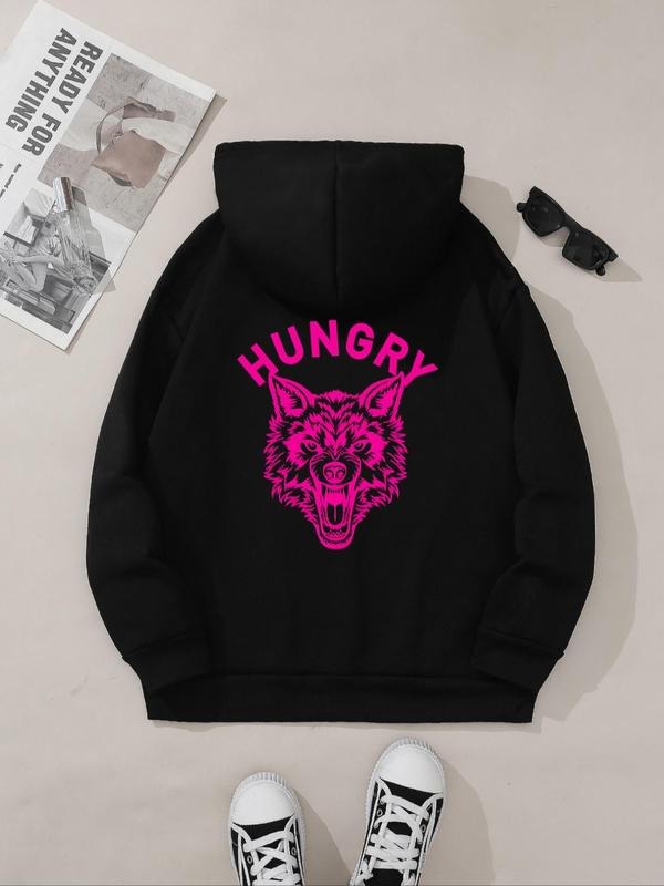 Women'WB shield Letter & Wolf Print Hoodie, Fashion Casual Hooded Sweatshirt for Daily Holiday Outdoor Wear, Women...