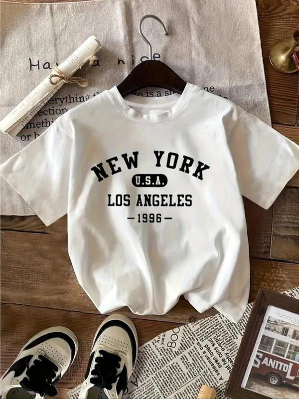Women'WB shield Letter & Year Number Print Round Neck Tee, Casual Short Sleeve Crew Neck T-Shirt for Summer, Fashion...