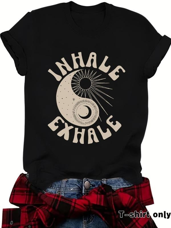 Women'WB shield Letter & Yin Yang Print Round Neck Tee, Vintage Trendy Casual Short Sleeve T-shirt for Daily Wear, Ladies Summer Outfit