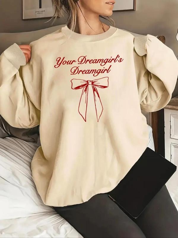 Women'WB shield Letter Bow Print Pullover Sweatshirt, Casual Long Sleeve Crew Neck Sweatshirt for Fall & Winter, Fashion...