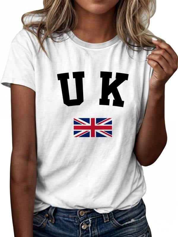 Women'WB shield Letter British Flag Print Round Neck Tee, Casual Short Sleeve T-shirt for Daily Wear, Ladies TNF for...