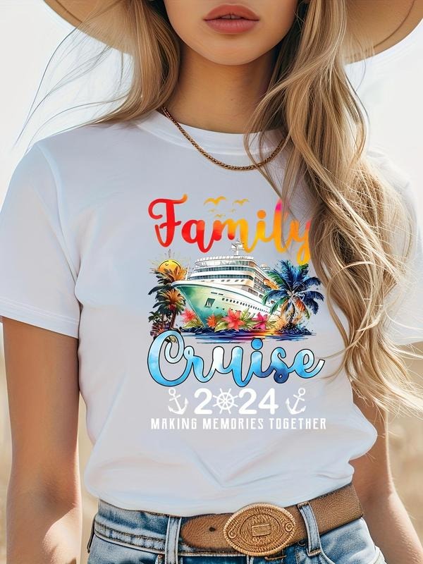 Women'WB shield Letter Cruise Ship Print Round Neck Tee, Casual Crew Neck T-shirt for Daily Holiday Vacation Outdoor...