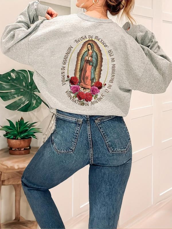 Women'WB shield Letter Graphic Print Drop Shoulder Sweatshirt, Casual Long Sleeve Round Neck Pullover for Fall & Winter,...